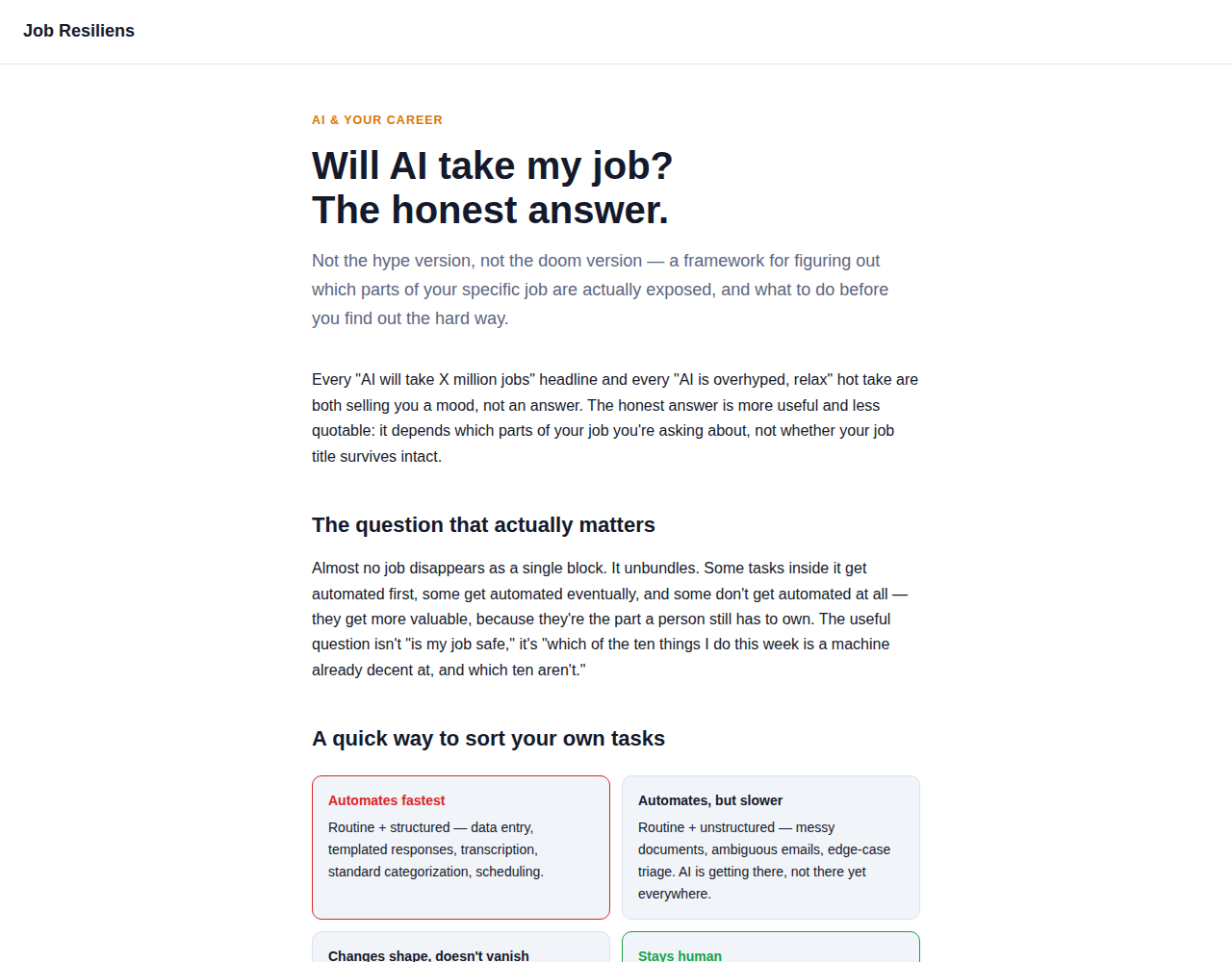 Job Resiliens AI-risk hub page listing honest, task-by-task AI exposure breakdowns for two dozen job roles, from data entry clerk and bookkeeper to software developer and financial advisor
