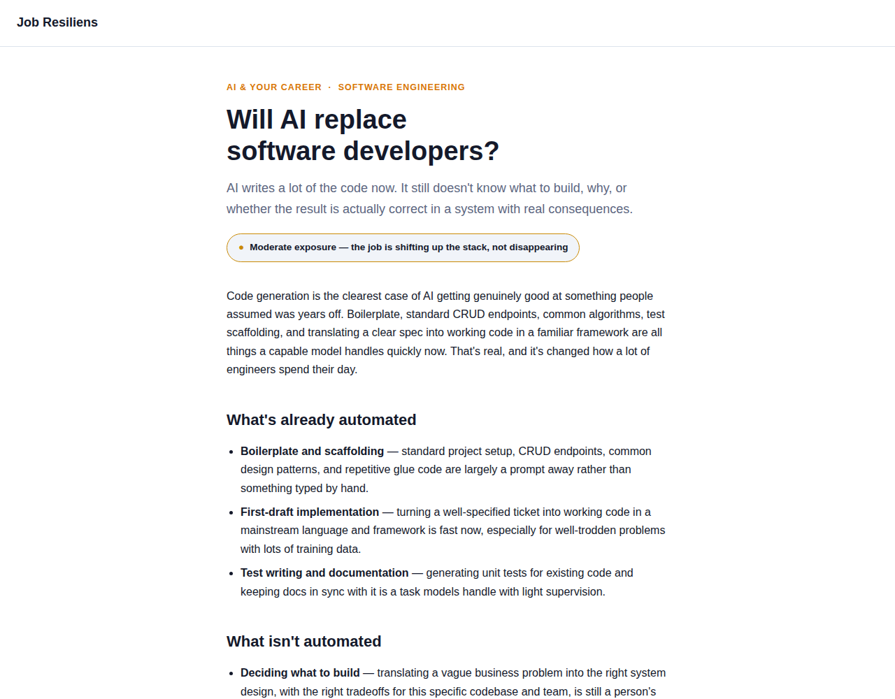 Job Resiliens AI-risk assessment page for software developers, showing a moderate-exposure verdict badge and a breakdown of tasks already automated versus tasks that still require human judgment